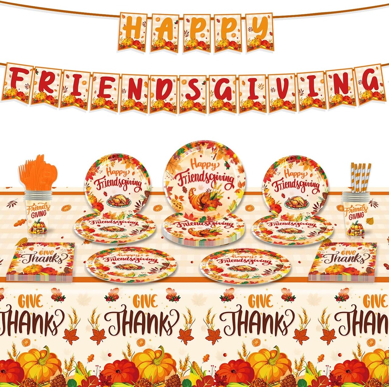 Thanksgiving Party Tableware Set - Plates, Tablecloth, Garland Banner, Cutlery - Serves 25 Guests